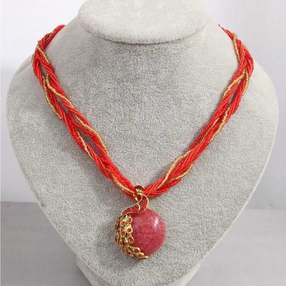 Jewelry - Red and Gold Multi-Strand Necklace with Peacock Pendant